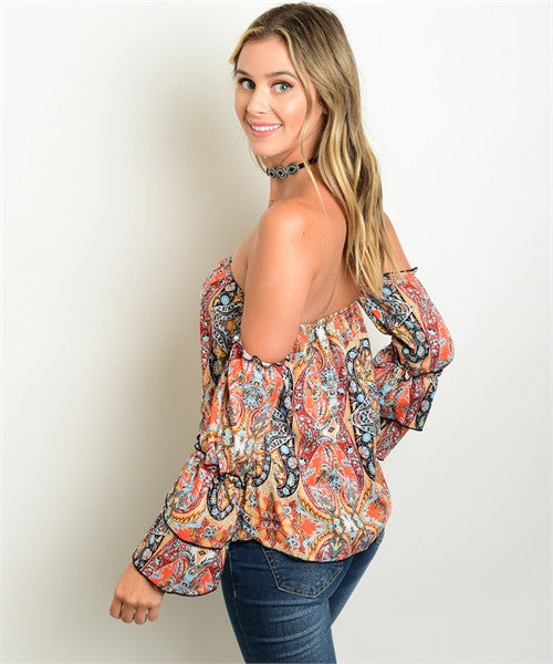SMALL Paisley Off The Shoulder Top - Orange & Sky Blue