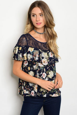 Navy Floral 3/4 Sleeve Plus Size Top