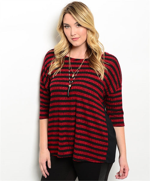 Stripped Top Plus Size - Burgundy and Black