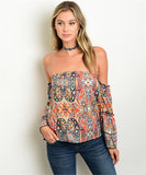 SMALL Paisley Off The Shoulder Top - Orange & Sky Blue
