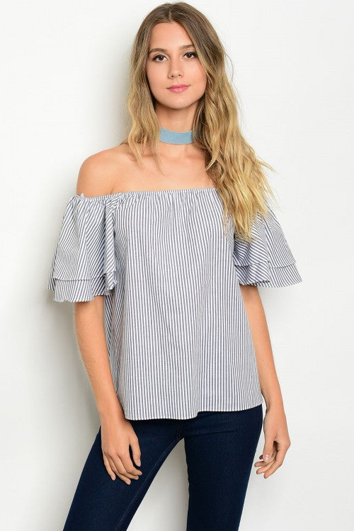 Charcoal & White Striped Off The Shoulder Top