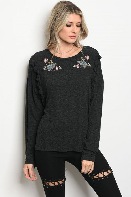 Charcoal Embroidery Sweater Top – Zelle Boutique